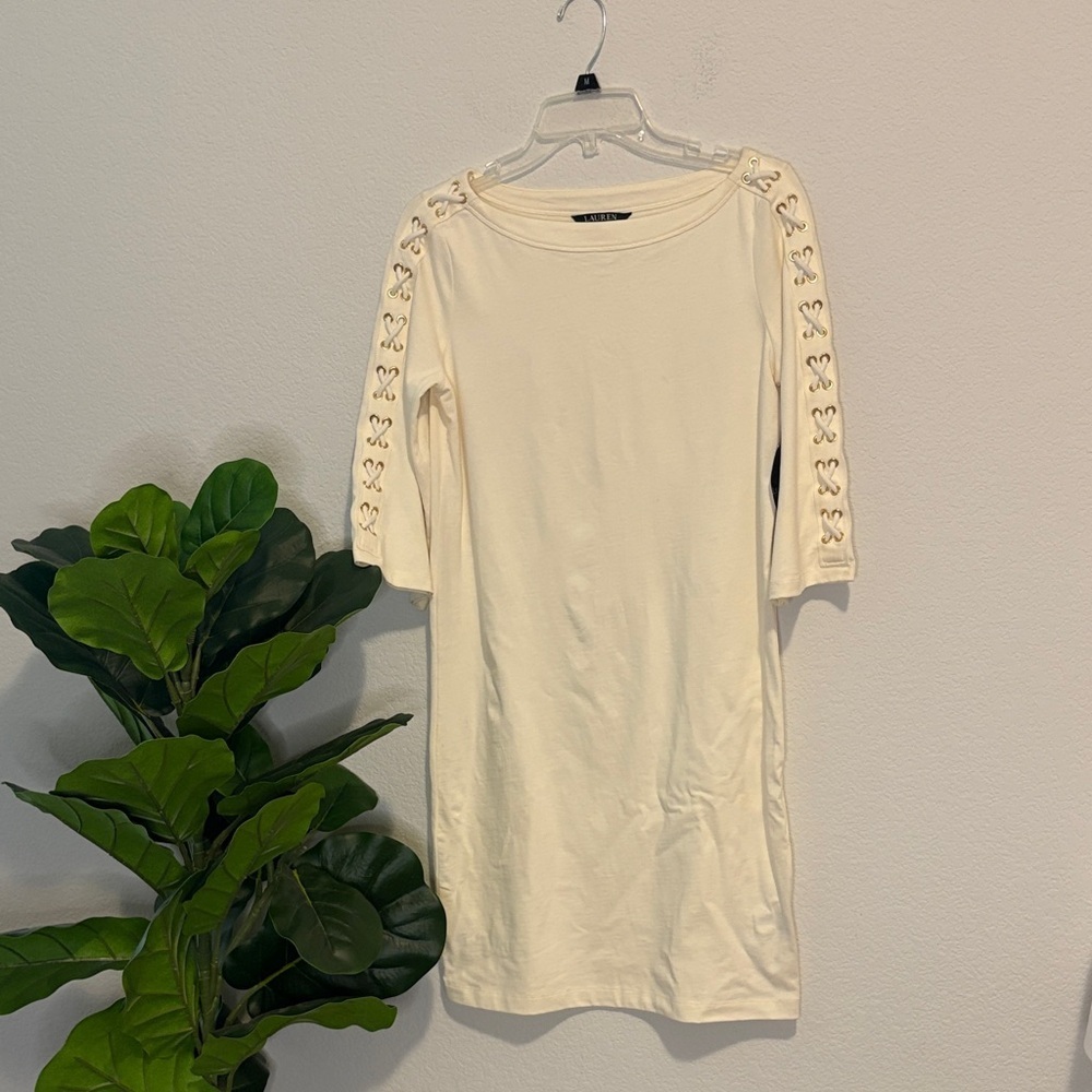 NWT Small Lauren Ralph Lauren Ivory 3/4 Sleeve Dress with Lace up Details